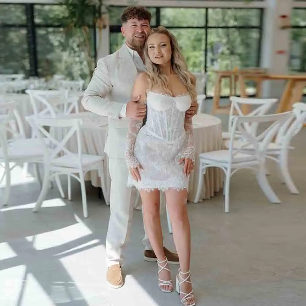 Customized Short Wedding Dress for Women Long Sleeve Lace Corset Bridal Gown Off Shoulder Mini Wedding Party Dress