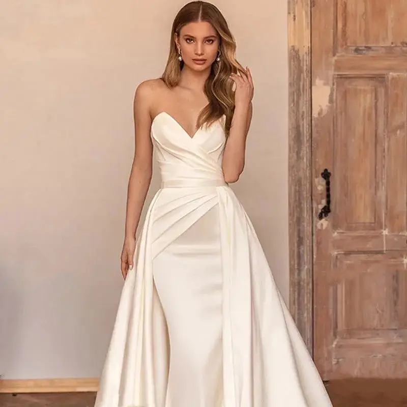 Customized 2 In 1 Detachable Train Wedding Dress 2026 Satin Sleeveless Simple Mermaid Princess Bride Gowns Vestido De Noiva