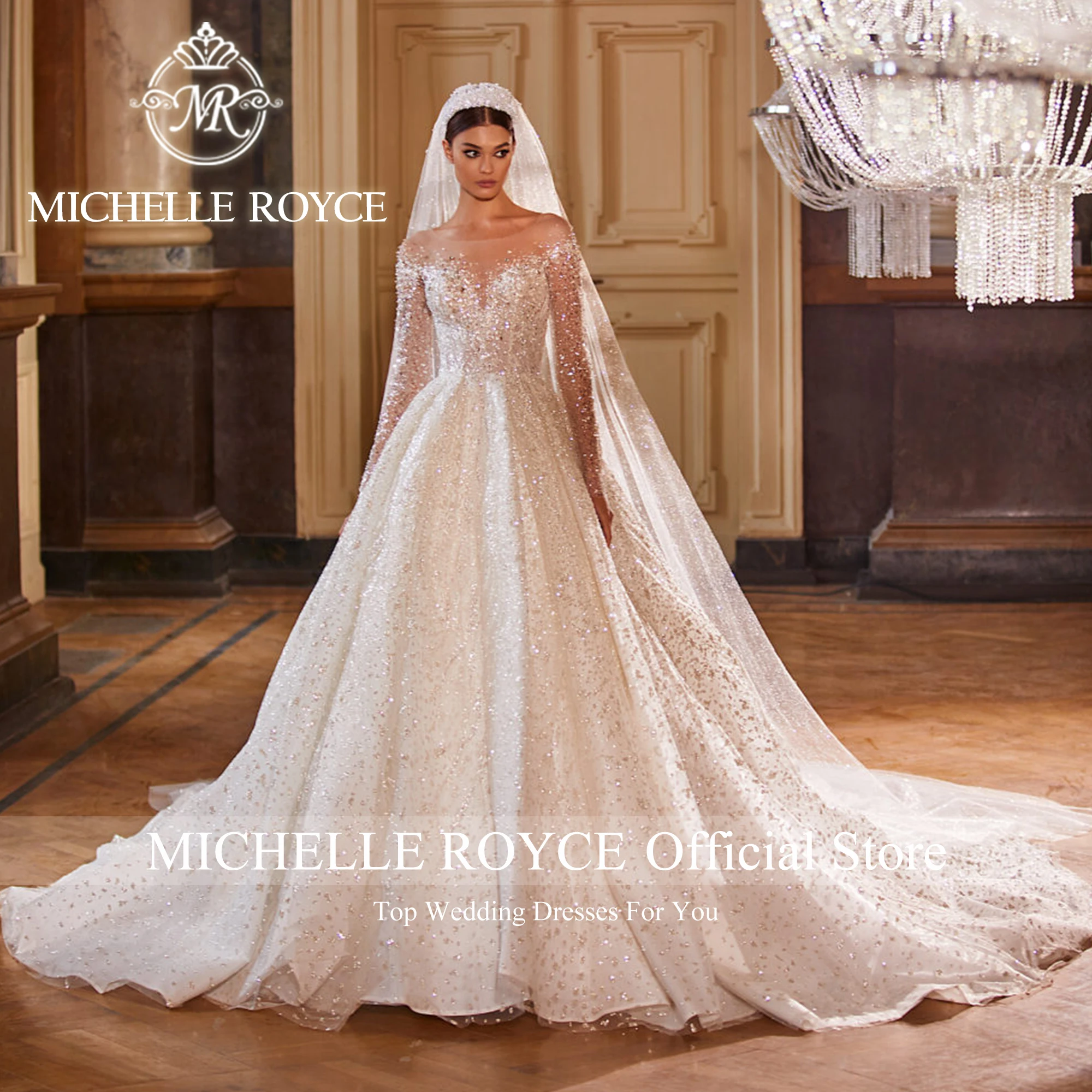 Michelle Royce Luxury Ball Gown Wedding Dresses For Women Shining Beading Princess Backless Wedding Gown Vestidos De Novia