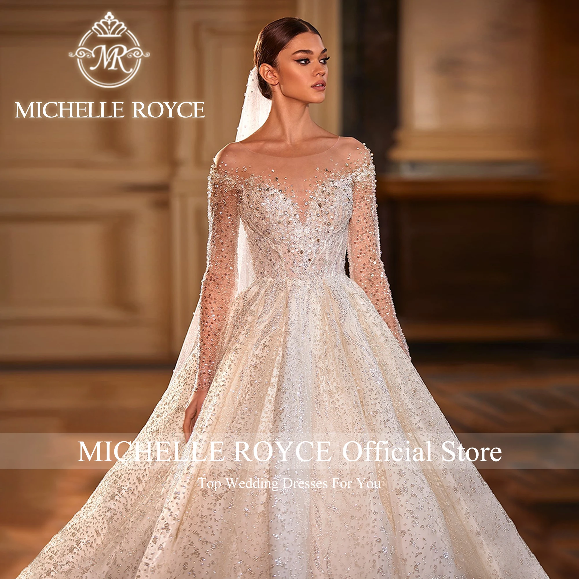 Michelle Royce Luxury Ball Gown Wedding Dresses For Women Shining Beading Princess Backless Wedding Gown Vestidos De Novia