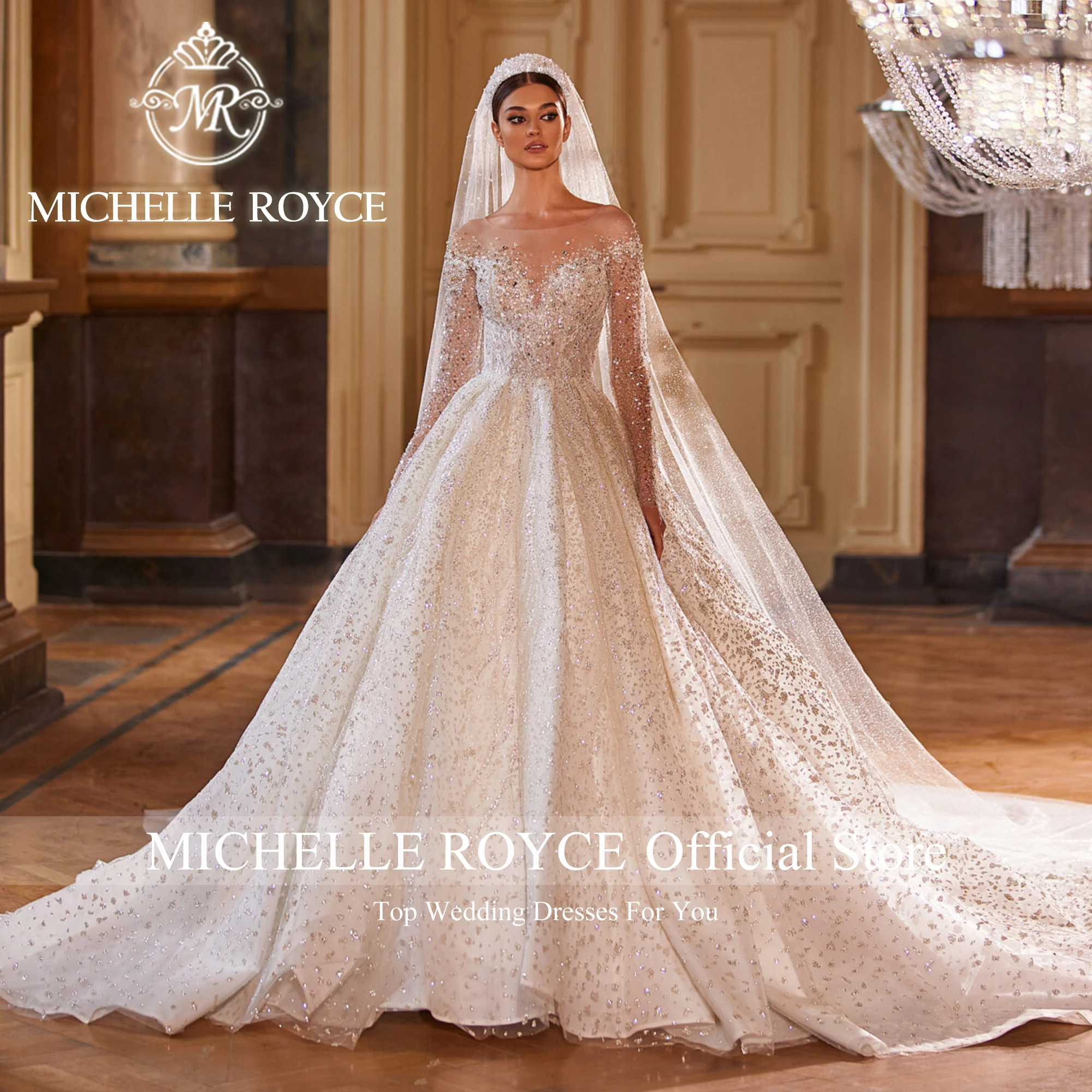 Michelle Royce Luxury Ball Gown Wedding Dresses For Women Shining Beading Princess Backless Wedding Gown Vestidos De Novia