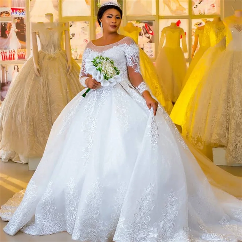 Customized Lace Long Sleeves Princess Plus Size Ball Gown Wedding Dresses Illusion Scoop Beaded Lace Up Back Bridal Gowns