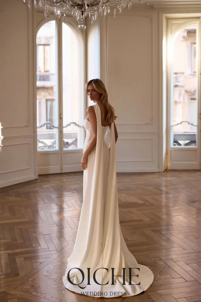 QICHE Pleat Elegant Satin Bride Gowns Strapless Mermaid Side Split Sexy Ivory Wedding Party Dresses Sweep Train Customized