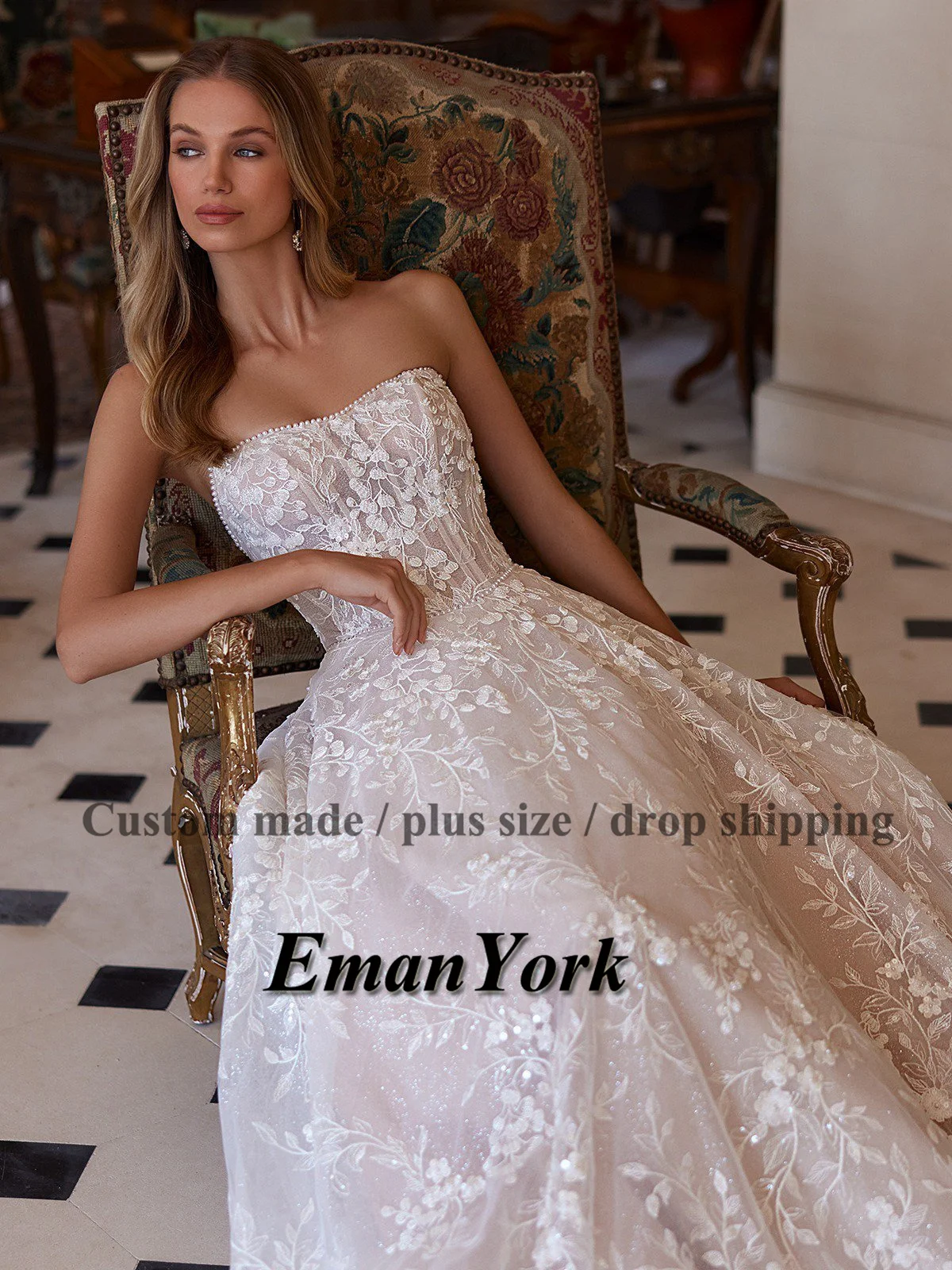 EmanY Delicate Wedding Dresses for Women with Appliques A-line Sleeveless Lace up Pleat Robe De Soiree De Mariage Customized
