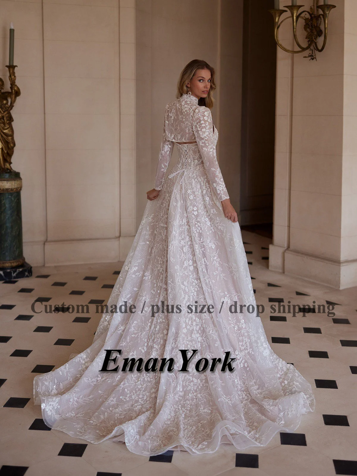 EmanY Delicate Wedding Dresses for Women with Appliques A-line Sleeveless Lace up Pleat Robe De Soiree De Mariage Customized