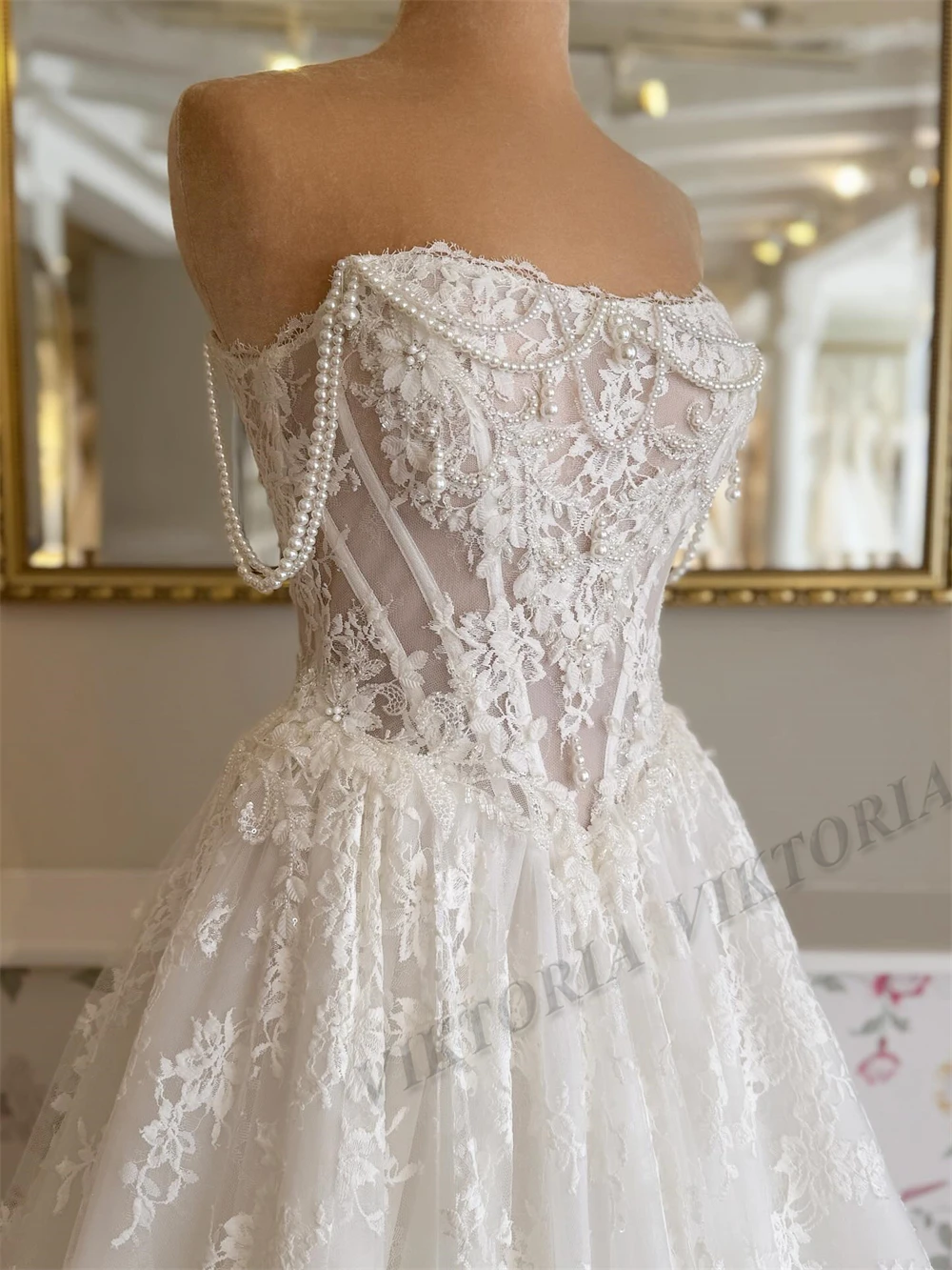 VIKTORIA Princess Pearls Wedding Dresses For Woman Bridal A-LINE Off the Shoulder Lace Appliques Vestidos De Novia Custom Made