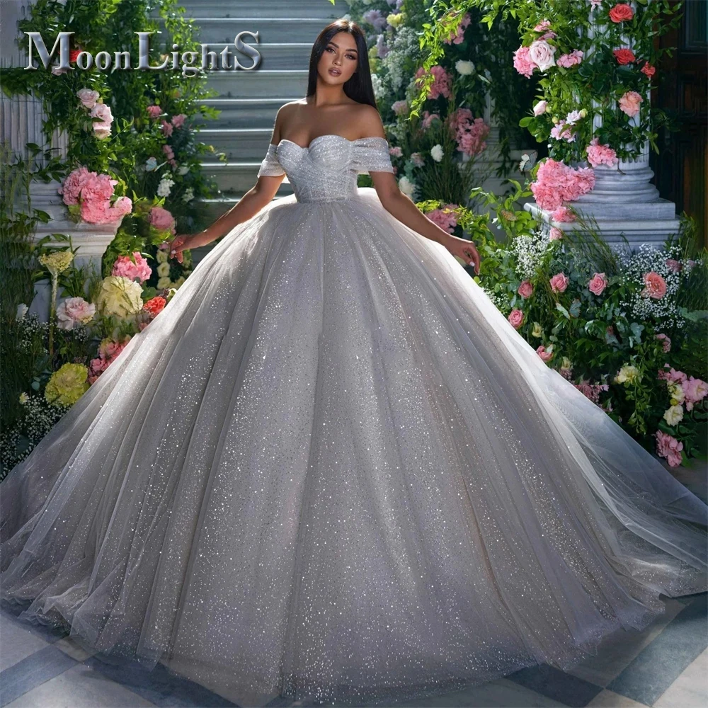 Moonlight Glitter Tulle Wedding Dresses Off Shoulder Shiny Pleated Prom Bridal Gown Sparkly Ball Pageant Customized Bride Gown