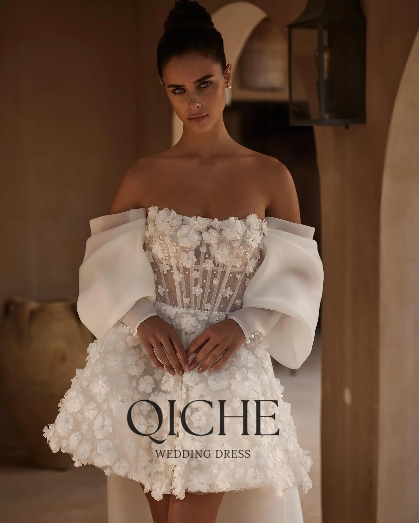 QICHE Mini 3D Flowers With Pearls Wedding Dress Detachable Puffy Sleeve And Train vestidos de novia A-line After Party