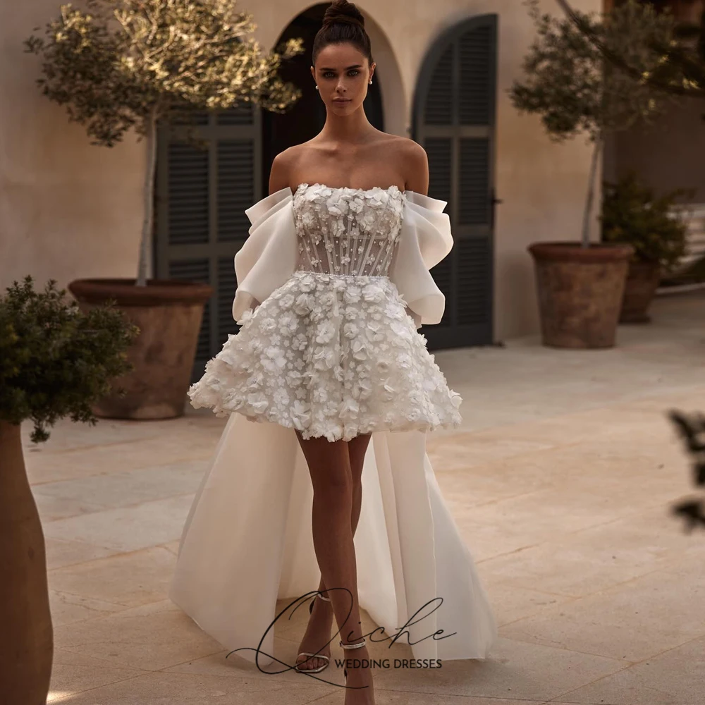 QICHE Mini 3D Flowers With Pearls Wedding Dress Detachable Puffy Sleeve And Train vestidos de novia A-line After Party