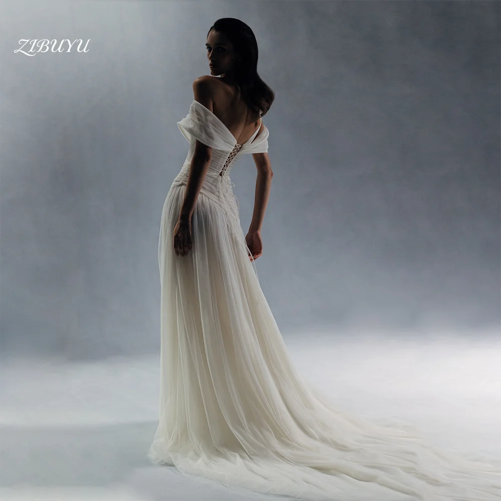ZIBUYU Customized 2026 Simple Elegant Luxury Wedding Dress Off Shoulder Backless Floor Length Tulle Ruched High Slit Bridal Gown