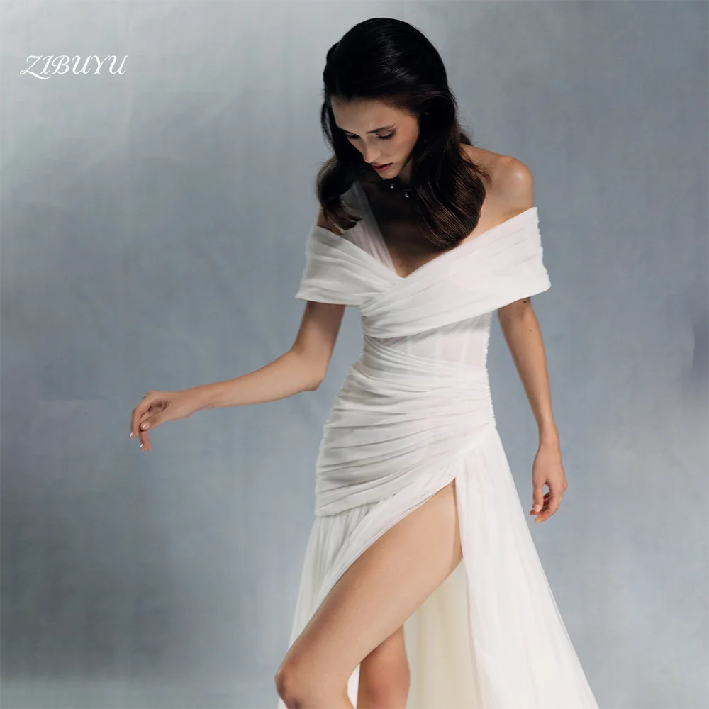 ZIBUYU Customized 2026 Simple Elegant Luxury Wedding Dress Off Shoulder Backless Floor Length Tulle Ruched High Slit Bridal Gown