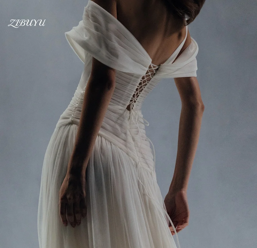 ZIBUYU Customized 2026 Simple Elegant Luxury Wedding Dress Off Shoulder Backless Floor Length Tulle Ruched High Slit Bridal Gown