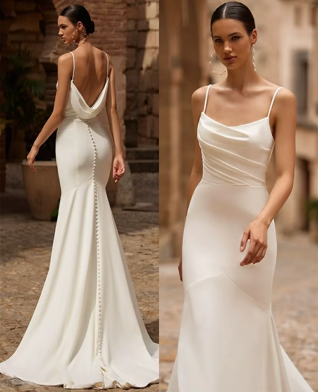 Customized Elegant Long Spaghetti Crepe Wedding Dresses Mermaid Pleated Vestido de novia Buttons Zipper Back Bridal Gowns 2025