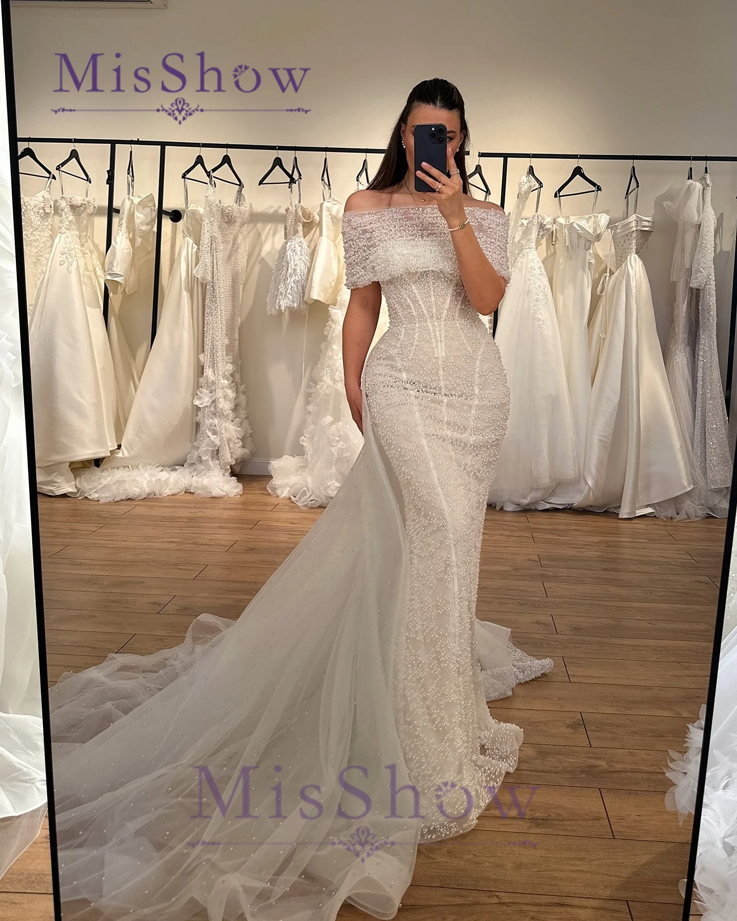 BM Bridal Fashion Mermaid Wedding Dresses for Woman Off the Shoulder Tulle Detachable Train Robes De Soirée Plus Size Customized