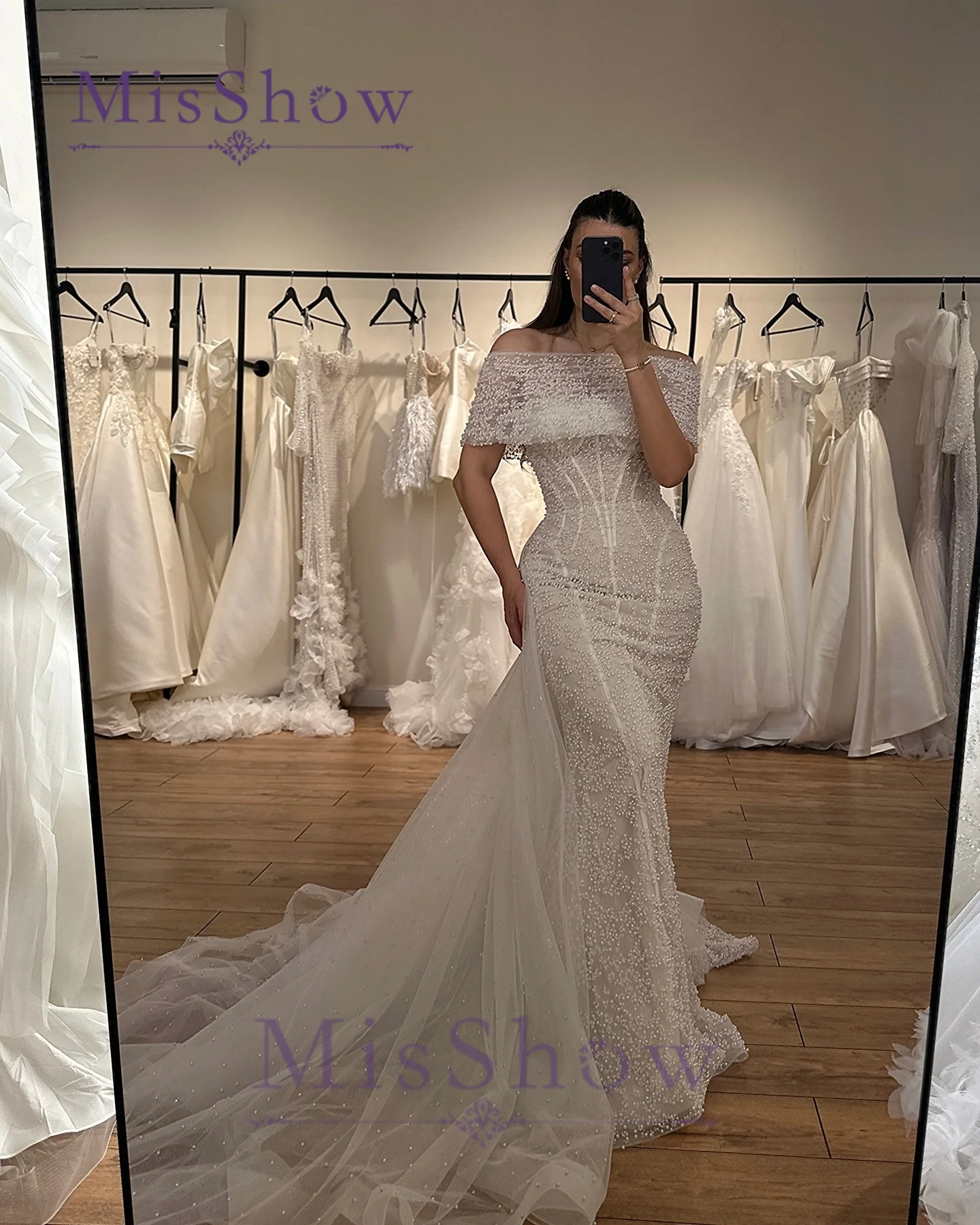 BM Bridal Fashion Mermaid Wedding Dresses for Woman Off the Shoulder Tulle Detachable Train Robes De Soirée Plus Size Customized