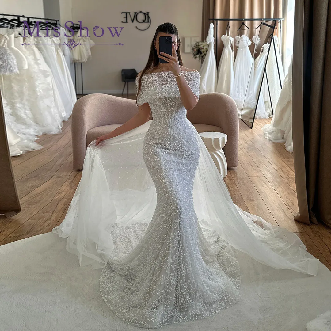 BM Bridal Fashion Mermaid Wedding Dresses for Woman Off the Shoulder Tulle Detachable Train Robes De Soirée Plus Size Customized