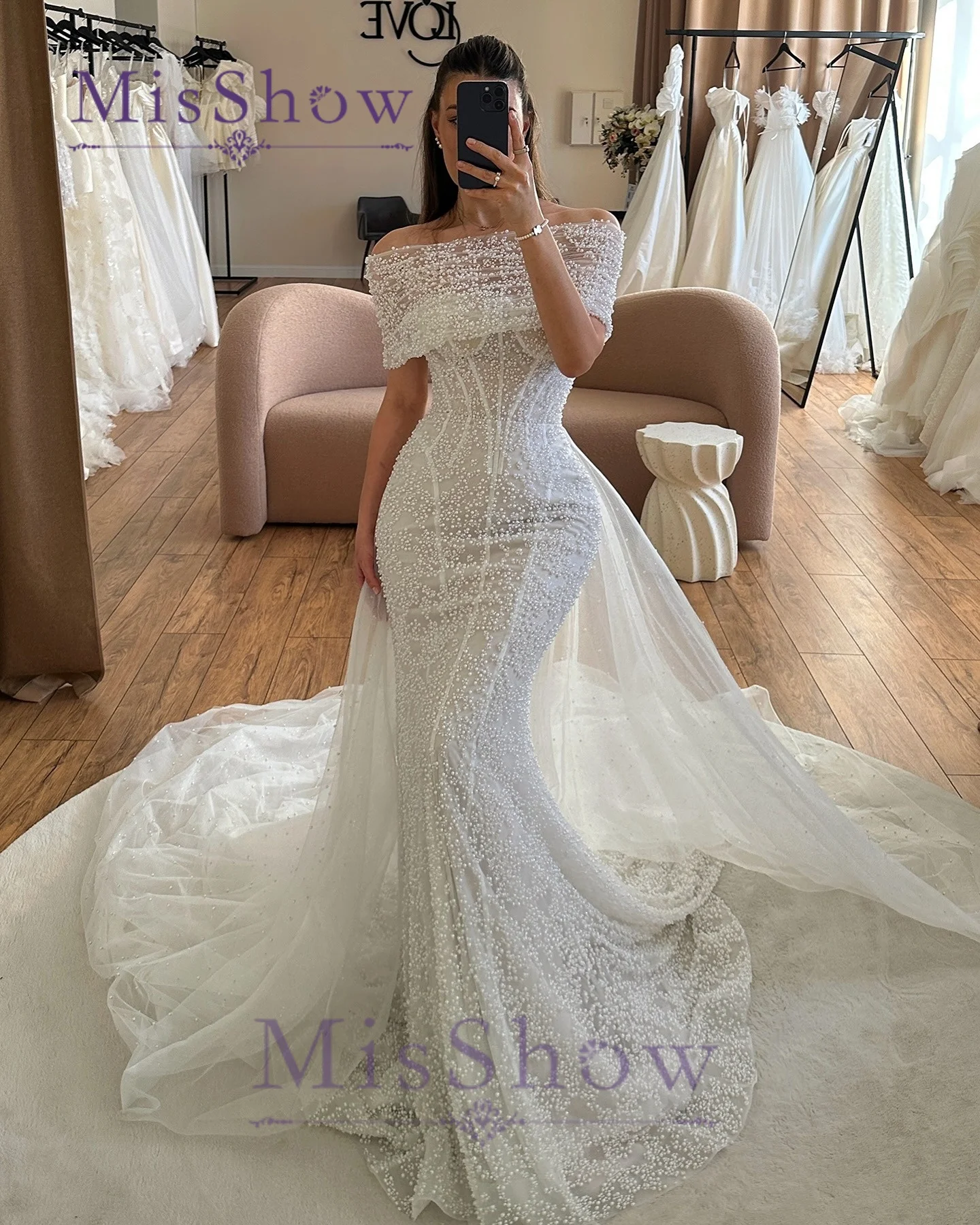 BM Bridal Fashion Mermaid Wedding Dresses for Woman Off the Shoulder Tulle Detachable Train Robes De Soirée Plus Size Customized