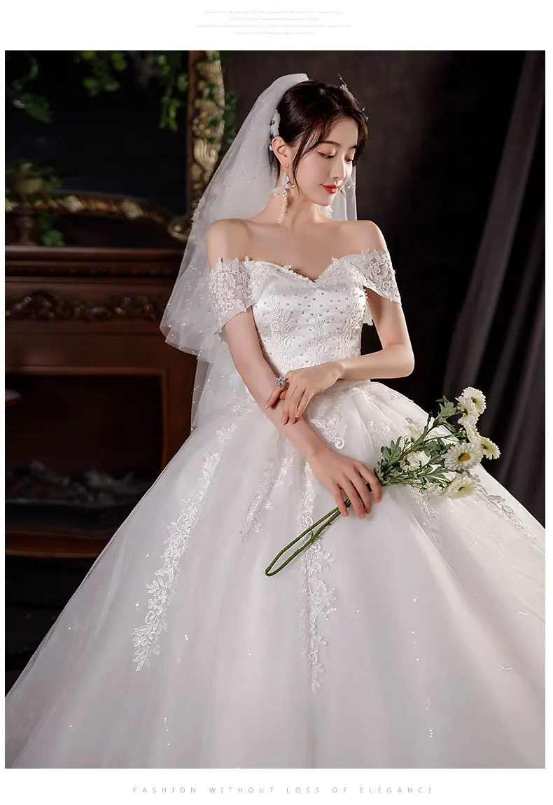 New Off The Shoulder Lace Wedding Dress Applique Bride Dress With Train Ball Gown Princess Classic Wedding Gowns Customized