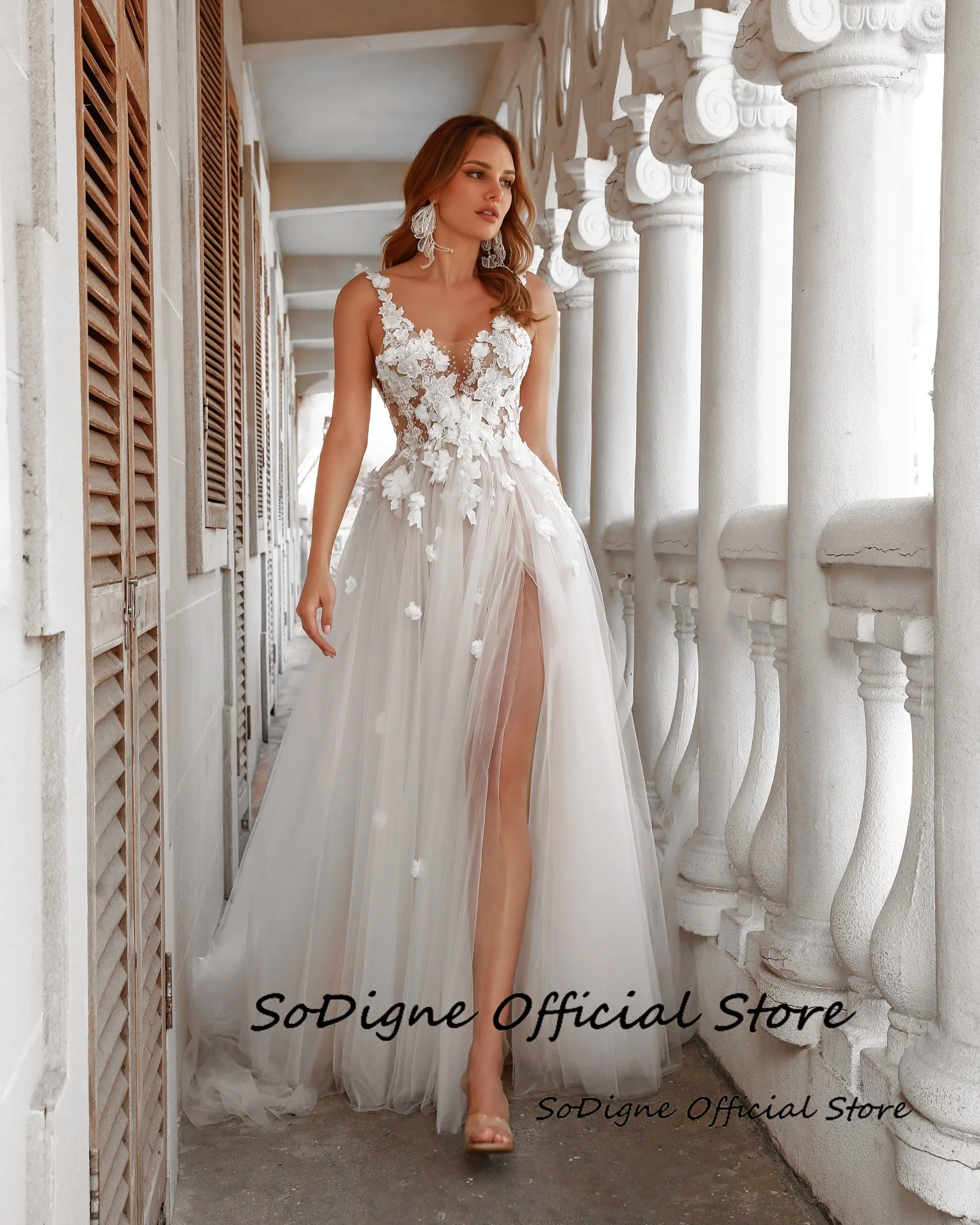 SoDigne A-Line Tulle Wedding Dress Sleeveless V-neck Lace Appliques Women Backless Boho Split Long Bridal Gown Customized
