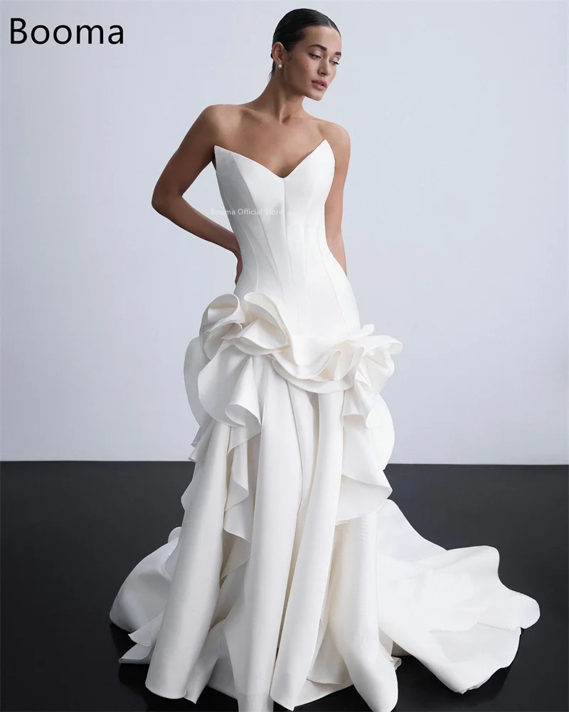 Booma A-Line Wedding Dresses Strapless Sleeveless Pleat Flower Satin Long Elegant Brides Gown Custom Made 2025