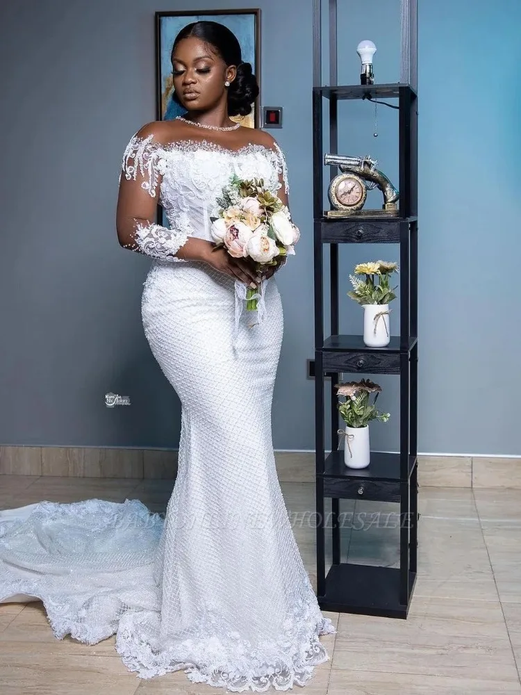 African White Mermaid Wedding Dresses Women Elegant Sheer Long Sleeved Bridal Gowns Lace Country Dress Second Reception Gown