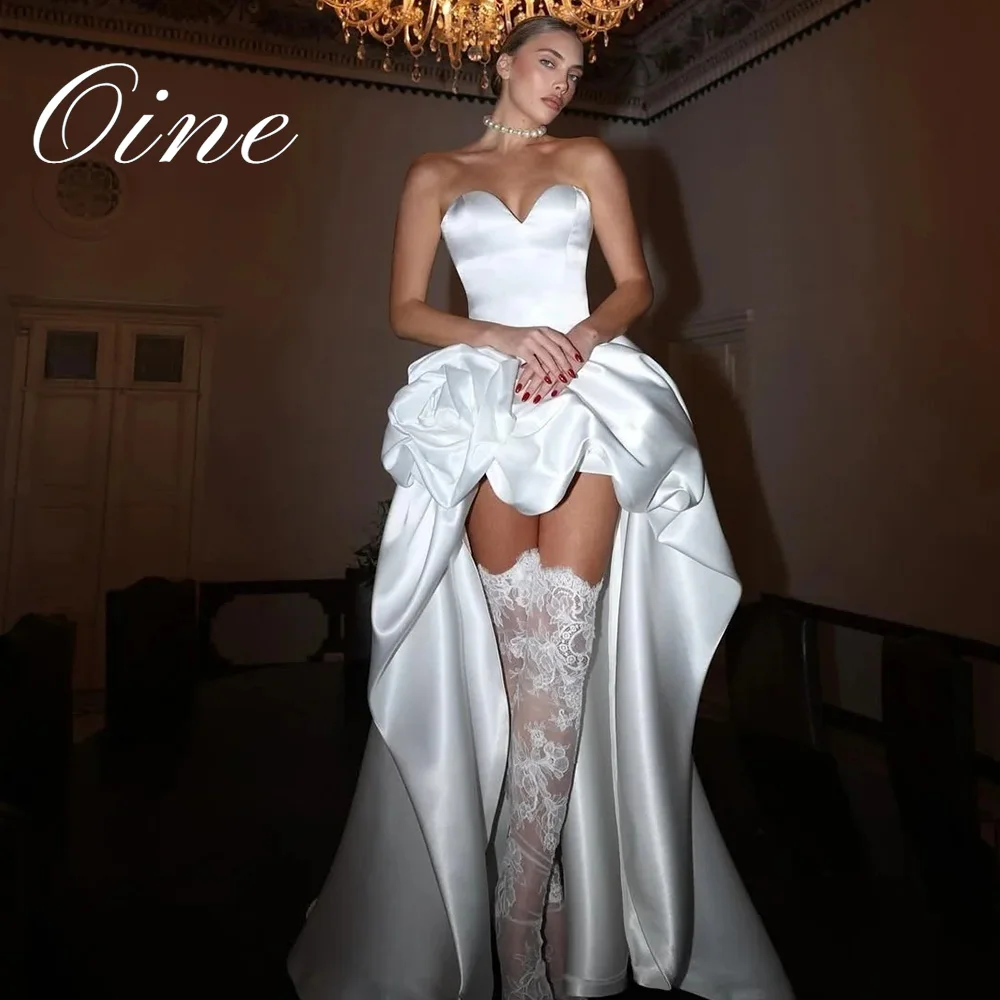 Oine Sexy Sweetheart Collar Stain Hi-Lo Wedding Dress Simple Sleeveless Court Length Pleated Open Back Gowns 2026 Customized