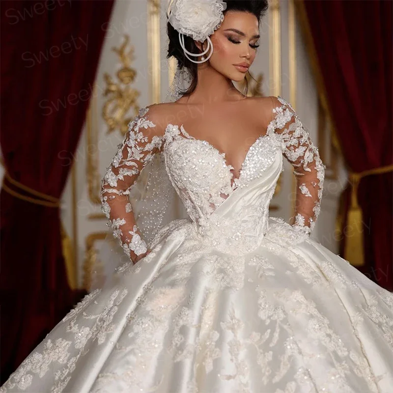 Vintage Wedding Dress Satin With Embroidery Lace Princess Ball Gown O-Neck Full Sleeve Customized Bride Dress Vestido De Novia