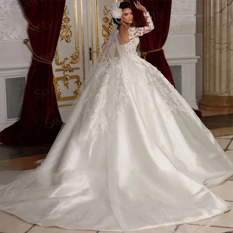 Vintage Wedding Dress Satin With Embroidery Lace Princess Ball Gown O-Neck Full Sleeve Customized Bride Dress Vestido De Novia
