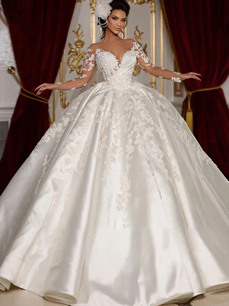 Vintage Wedding Dress Satin With Embroidery Lace Princess Ball Gown O-Neck Full Sleeve Customized Bride Dress Vestido De Novia