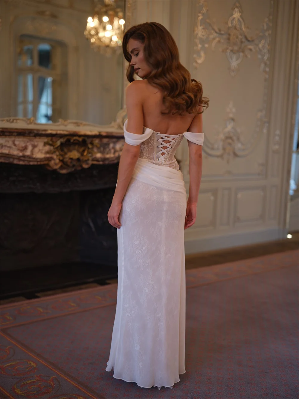 Kyoto Customized Gorgeous Pleated Lace Mermaid Wedding Dress White Off Shoulder vestidos de novia Floor-length Formal Evening