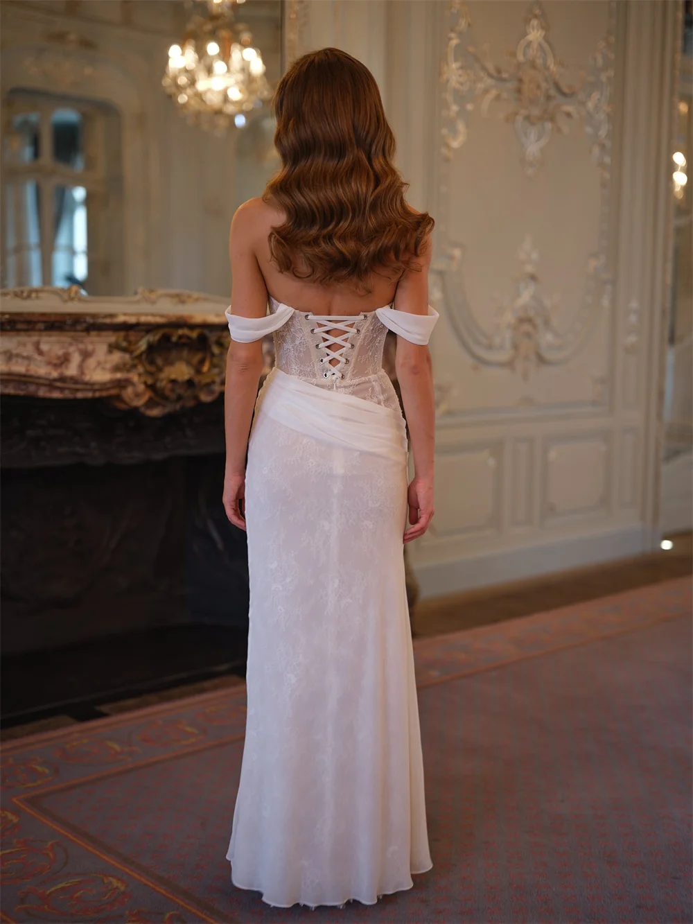 Kyoto Customized Gorgeous Pleated Lace Mermaid Wedding Dress White Off Shoulder vestidos de novia Floor-length Formal Evening