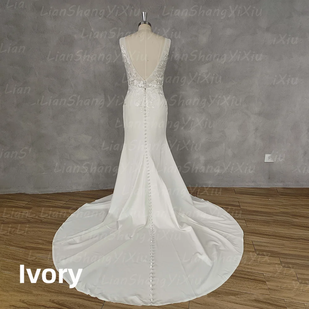 Elegant Satin Mermaid Wedding Dress Deep V Neck Lace Appliques Illusion Open Back Pearls Buttons Bridal Gown Sweep Train Custom