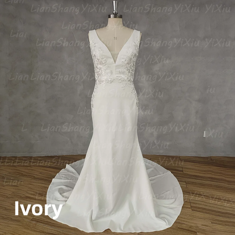Elegant Satin Mermaid Wedding Dress Deep V Neck Lace Appliques Illusion Open Back Pearls Buttons Bridal Gown Sweep Train Custom