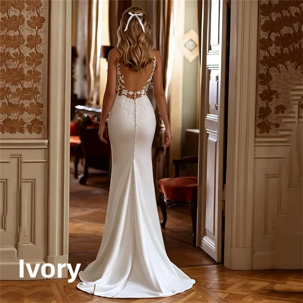 Elegant Satin Mermaid Wedding Dress Deep V Neck Lace Appliques Illusion Open Back Pearls Buttons Bridal Gown Sweep Train Custom