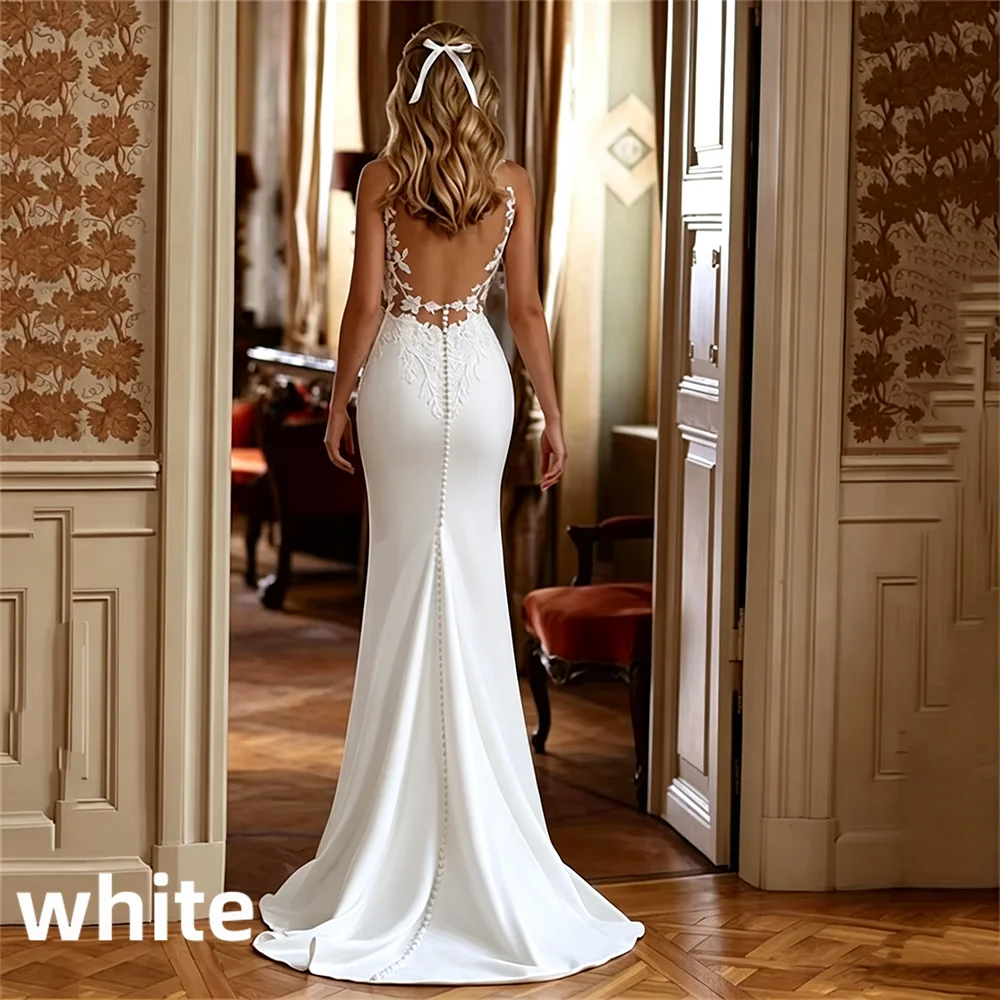 Elegant Satin Mermaid Wedding Dress Deep V Neck Lace Appliques Illusion Open Back Pearls Buttons Bridal Gown Sweep Train Custom