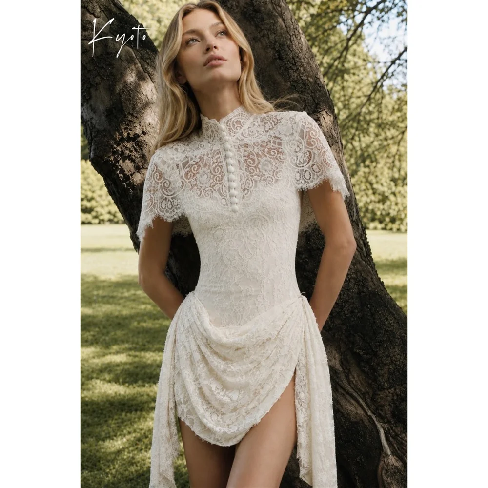 Kyoto Customized White Chic High Neck Sleeveless Wedding Dress Mini vestidos de noche Elegant Appliques A-Line robe de mariée
