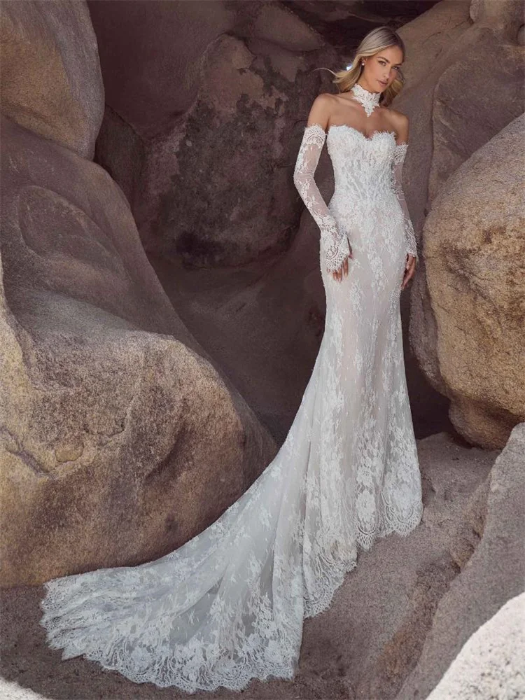 Customized Sweetheart Neckline Detachable Long Sleeves Mermaid Wedding Dress Open Back Zipper Floor Length Sweep Train Gown 2026