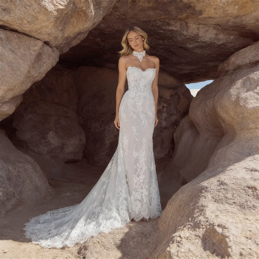 Customized Sweetheart Neckline Detachable Long Sleeves Mermaid Wedding Dress Open Back Zipper Floor Length Sweep Train Gown 2026