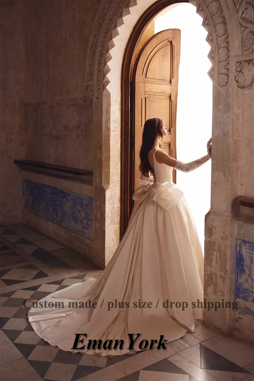 EmanY Attractive Bowknot Wedding Dresses for Women Beads Spaghetti Straps Satin Bridal Dress Vestidos De Novia Customized Plus