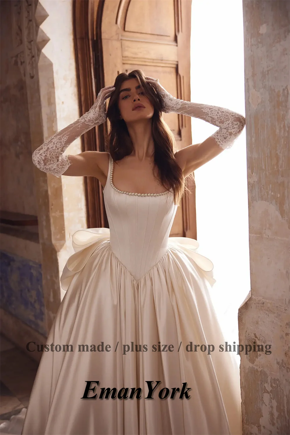 EmanY Attractive Bowknot Wedding Dresses for Women Beads Spaghetti Straps Satin Bridal Dress Vestidos De Novia Customized Plus