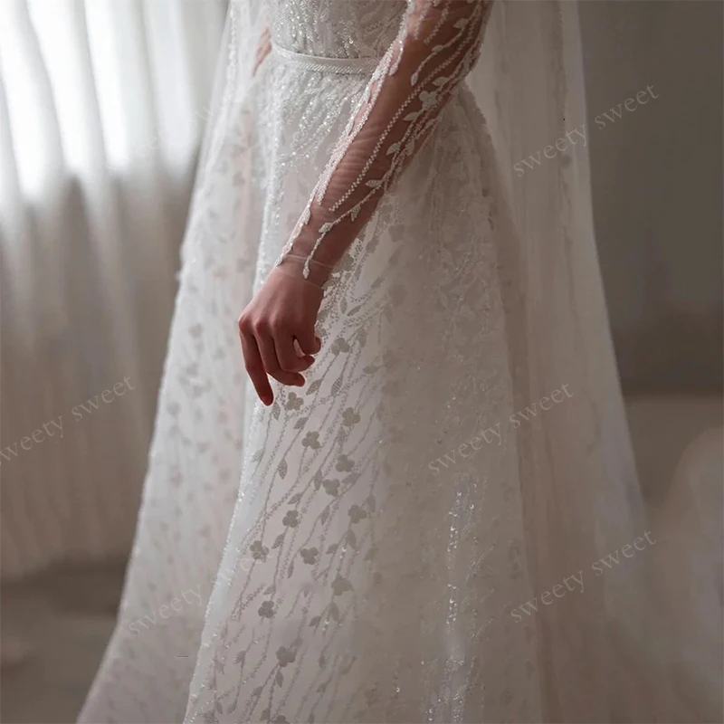 Glitter Wedding Dress Bead Organza With Embroidery A-Line Ballgown High-Neck Full Sleeve Customized Bride Dress Vestido De Novia