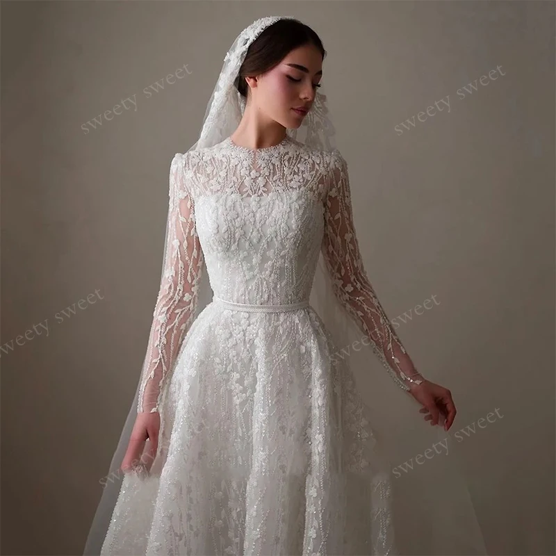 Glitter Wedding Dress Bead Organza With Embroidery A-Line Ballgown High-Neck Full Sleeve Customized Bride Dress Vestido De Novia