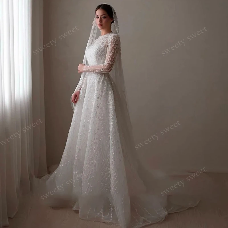 Glitter Wedding Dress Bead Organza With Embroidery A-Line Ballgown High-Neck Full Sleeve Customized Bride Dress Vestido De Novia