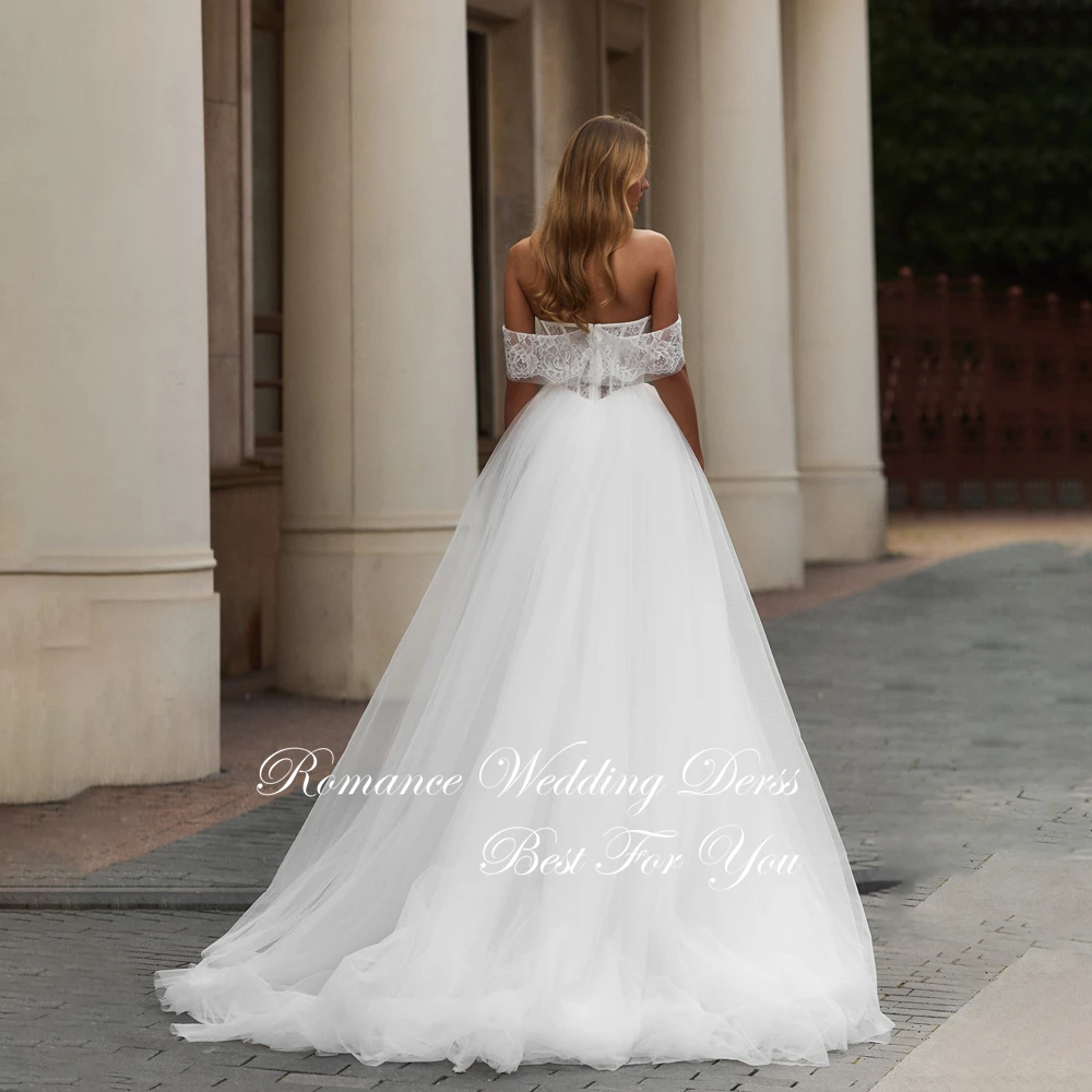 Elegant Lace Pleat A-Line Wedding Dress Women Beading Off The Shoulder Open Back Tulle Bridal Gown Vestidos De Novia Customized