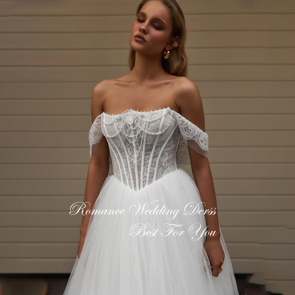 Elegant Lace Pleat A-Line Wedding Dress Women Beading Off The Shoulder Open Back Tulle Bridal Gown Vestidos De Novia Customized