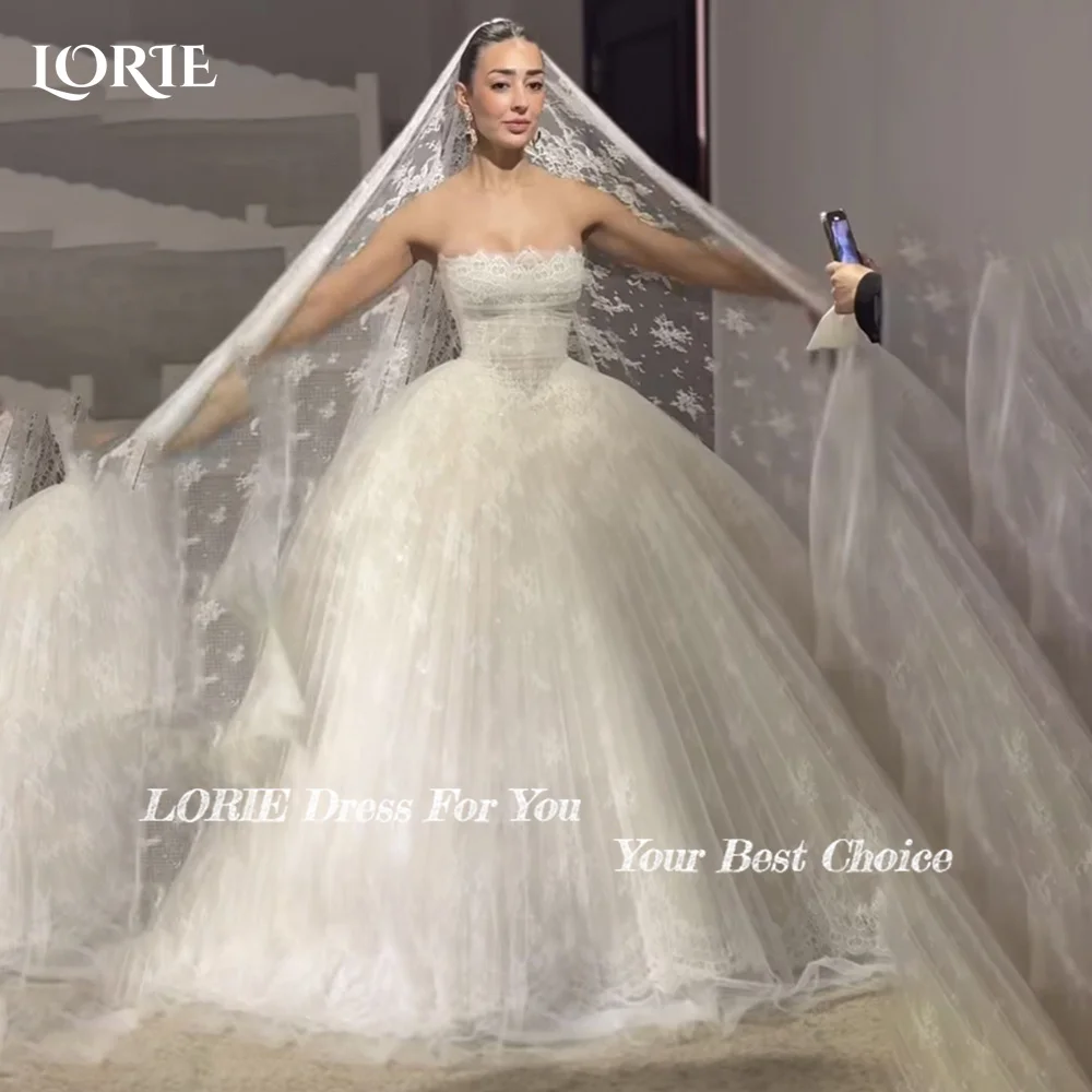 LORIE Sexy Lace Strapless Wedding Dresses Pleats Appliques Sweetheart A-Line Lace Customized Plus Bridal Gown vestidos de novia