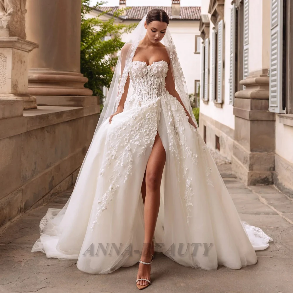 Anna Fancy Sweetheart Wedding Dress for Bride A Line Sleeveless Lacing up 3D Appliques Slit Vestidos Para Mujer Customised