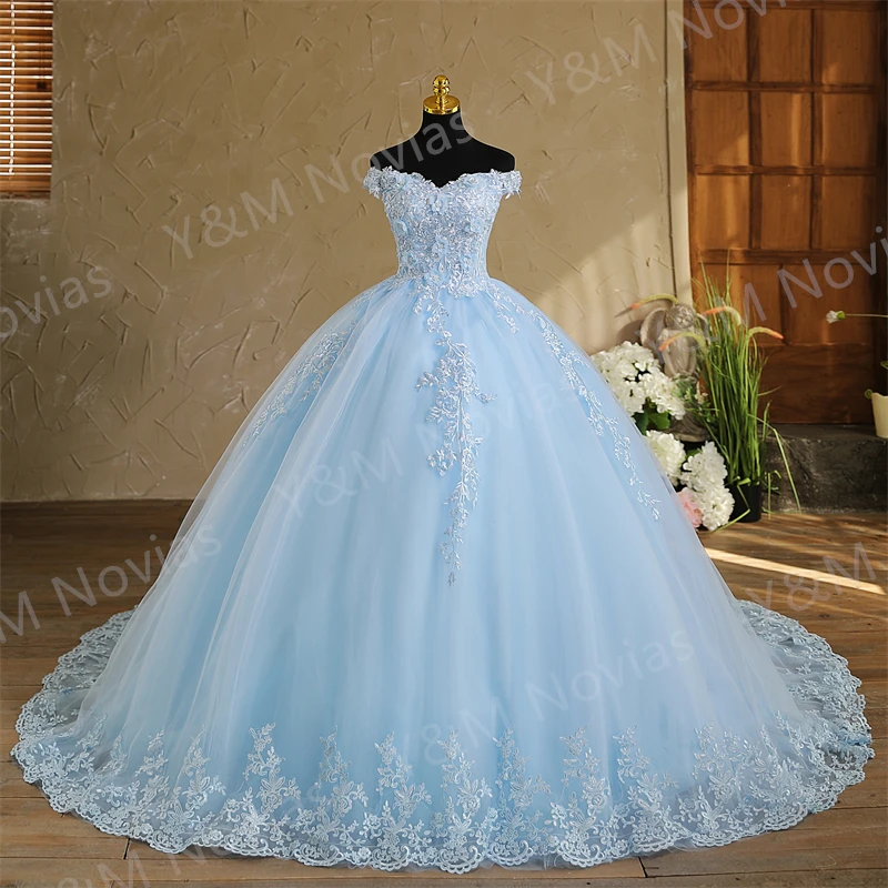 Customized Color Sweet 16 Dress Off Shoulder Plus Size Vestido De Noiva Sky Blue Quinceanera Dress Ball Gown Flower Women