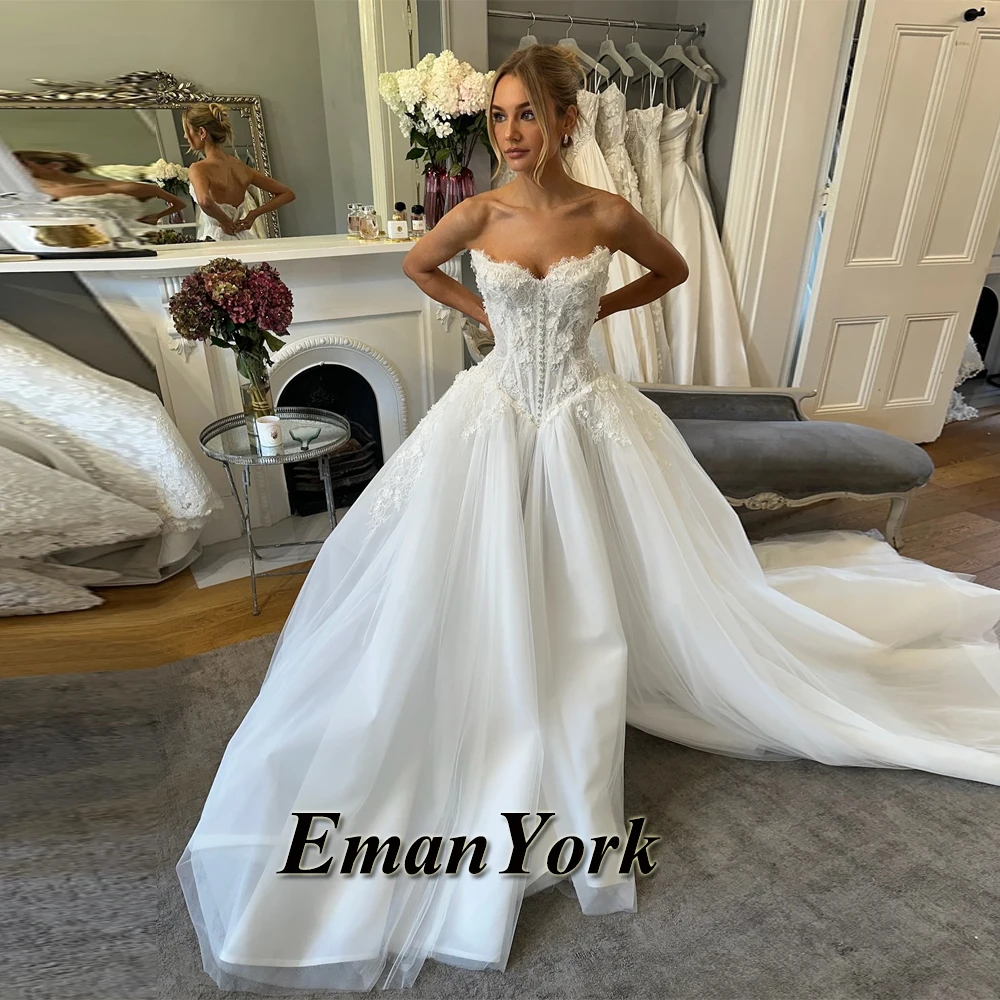 EmanY Charming Wedding Dresses for Mariages A-line Sleeveless Lace up Appliques Court Train Vestido De Casamento Customized