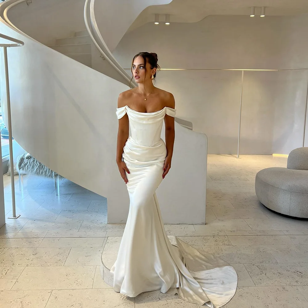 Classic Sleeveless Satin Pleated Bodice Bridal Wedding Dress Sheath Sweep Train Backless Bridal Gown Customized